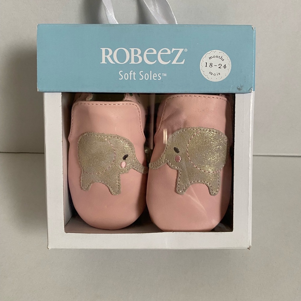 Robeez Pink and Gold Elephant Baby Shoes Sz 18-24M